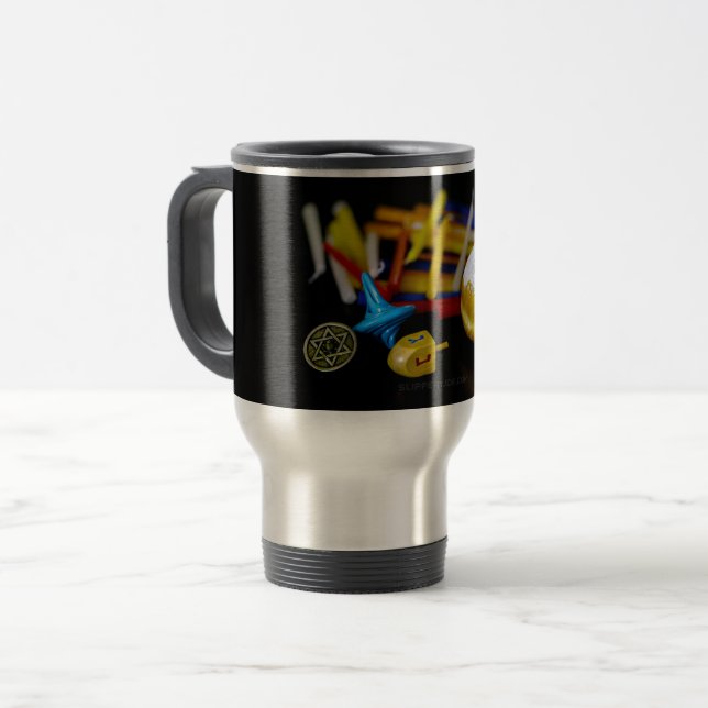 SlipperyJoe Hanukkah symbolic still life holiday e Travel Mug (Front Left)