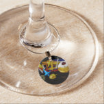 SlipperyJoe Hanukkah symbolic still life holiday e Wine Charm<br><div class="desc">SlipperyJoe Hanukkah symbolic still life holiday essence vibrant meaningful objects colorful slender pile menorah candles artistic red blue yellow and white sufganiyah doughnut classic jelly-filled commemorate miracle of the oil dreidels metallic gold glossy blue Hebrew great miracle happened there metallic pewter star of David medallion light resilience community themes spiritual...</div>