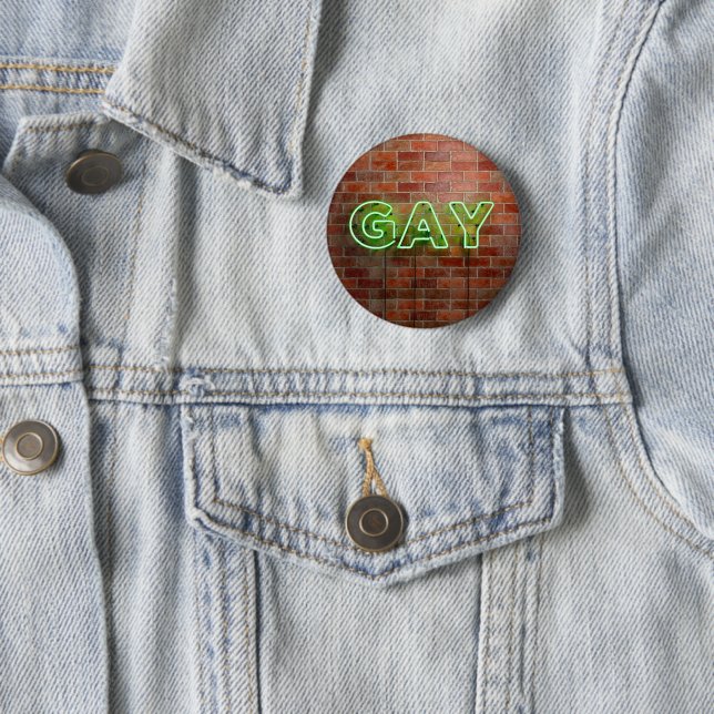 SlipperyJoe illuminated gay neon sign bright vivid Button (In Situ)