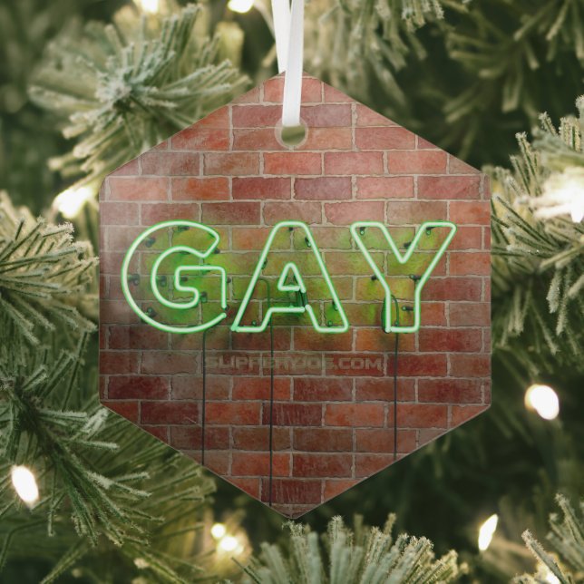 SlipperyJoe illuminated gay neon sign bright vivid Glass Ornament (Insitu)