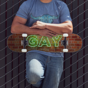 SlipperyJoe illuminated gay neon sign bright vivid Skateboard