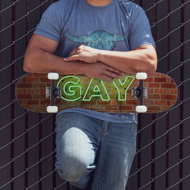 SlipperyJoe illuminated gay neon sign bright vivid Skateboard (Outdoor 3)