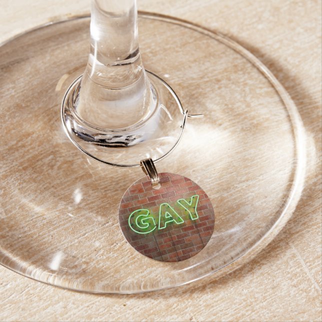 SlipperyJoe illuminated gay neon sign bright vivid Wine Charm (In Situ)