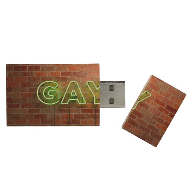 SlipperyJoe illuminated gay neon sign bright vivid Wood Flash Drive (Opened)