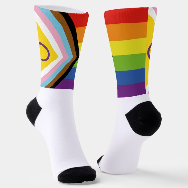 SlipperyJoe Intersex Progress Pride Flag rainbow s Socks (Angled)