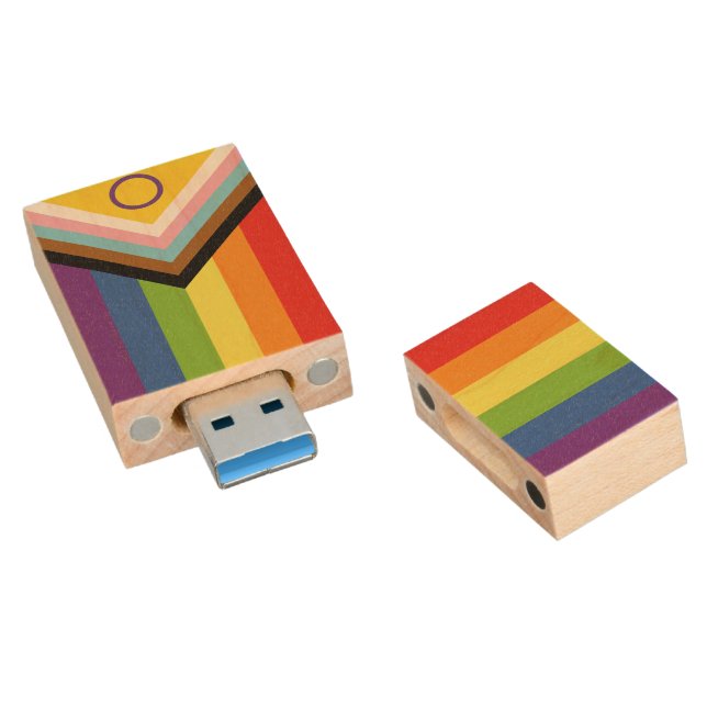 SlipperyJoe Intersex Progress Pride Flag rainbow s Wood Flash Drive (Angled)