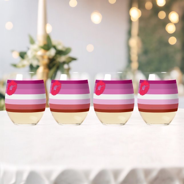 SlipperyJoe lipstick lesbian pride flag feminine c Stemless Wine Glass (Insitu (Wedding))