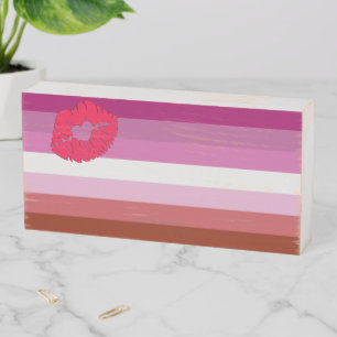 SlipperyJoe lipstick lesbian pride flag feminine c Wooden Box Sign