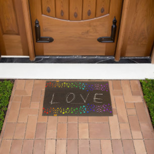 SlipperyJoe love bubbles red orange yellow green c Fiber Doormat