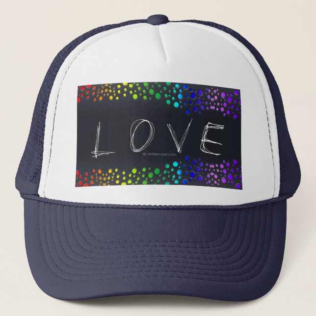 SlipperyJoe love bubbles red orange yellow green c Trucker Hat (Front)