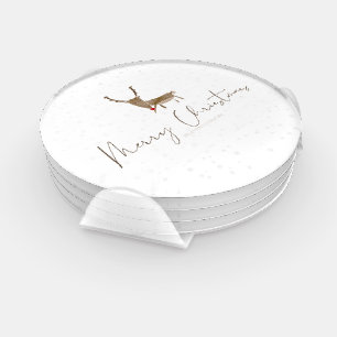 SlipperyJoe Merry Christmas reindeer red-nose antl Coaster Set