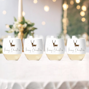 SlipperyJoe Merry Christmas reindeer red-nose antl Stemless Wine Glass