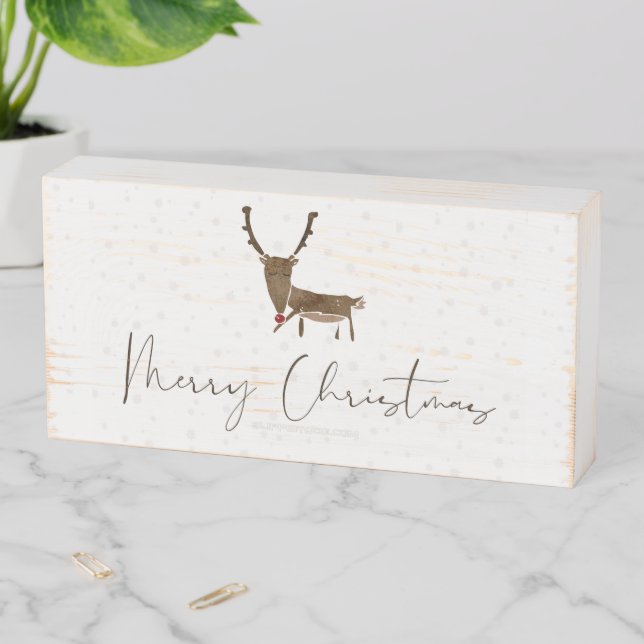 SlipperyJoe Merry Christmas reindeer red-nose antl Wooden Box Sign (In Situ Horizontal)