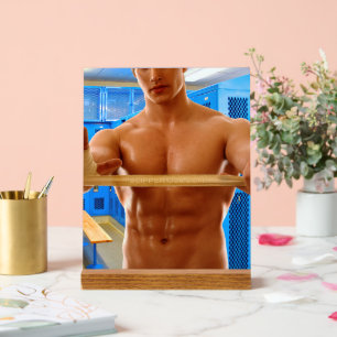 SlipperyJoe muscular man abs locker room tiled flo Acrylic Sign