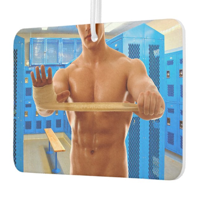 SlipperyJoe muscular man abs locker room tiled flo Air Freshener (Left)