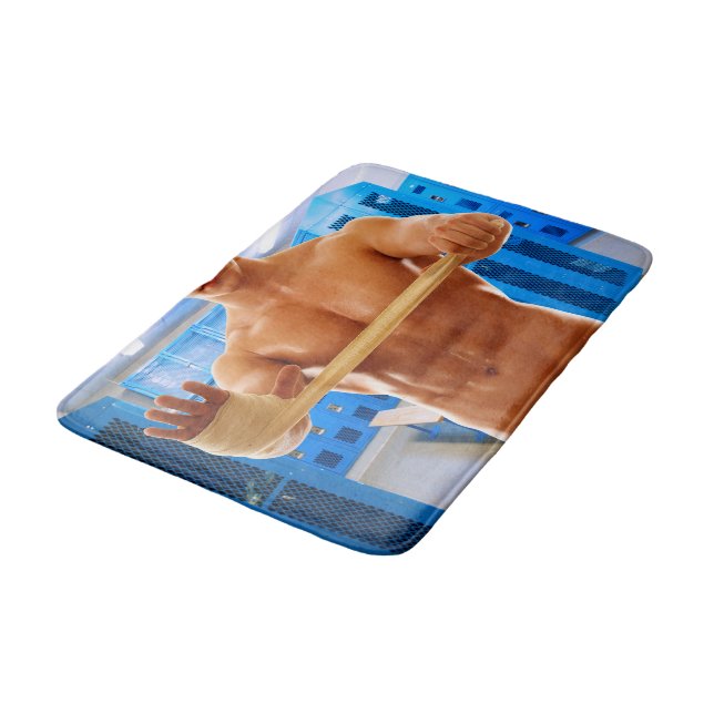 SlipperyJoe muscular man abs locker room tiled flo Bath Mat (Angled)