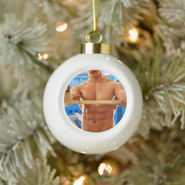 SlipperyJoe muscular man abs locker room tiled flo Ceramic Ball Christmas Ornament (Tree)