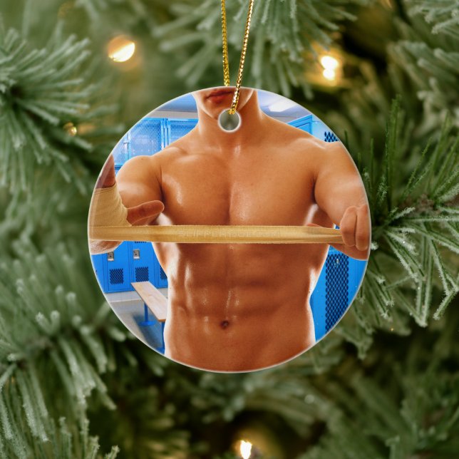 SlipperyJoe muscular man abs locker room tiled flo Ceramic Ornament (Tree)