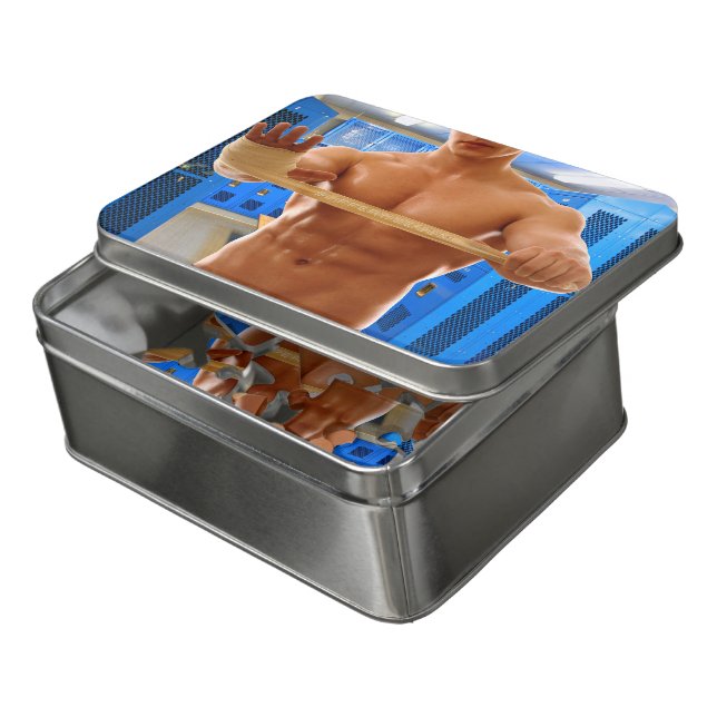SlipperyJoe muscular man abs locker room tiled flo Jigsaw Puzzle (Lid Open)