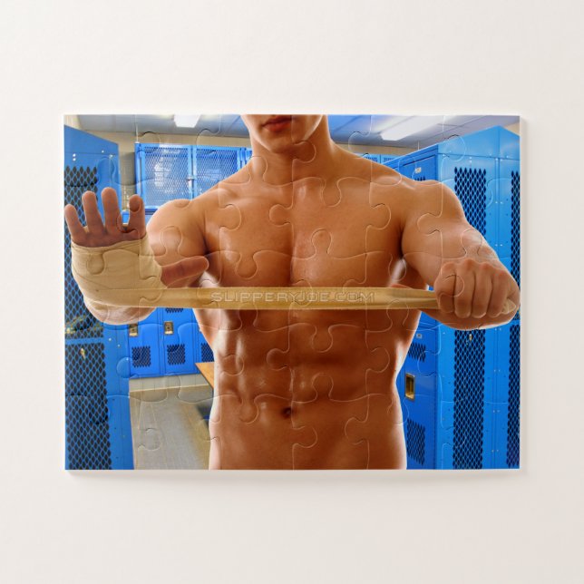 SlipperyJoe muscular man abs locker room tiled flo Jigsaw Puzzle (Horizontal)
