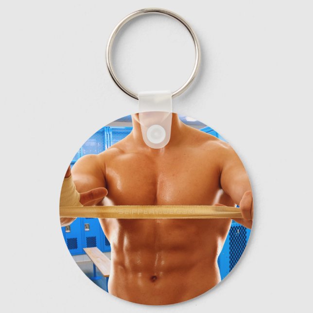 SlipperyJoe muscular man abs locker room tiled flo Keychain (Front)