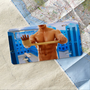 SlipperyJoe muscular man abs locker room tiled flo License Plate