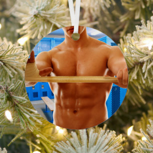 SlipperyJoe muscular man abs locker room tiled flo Metal Ornament
