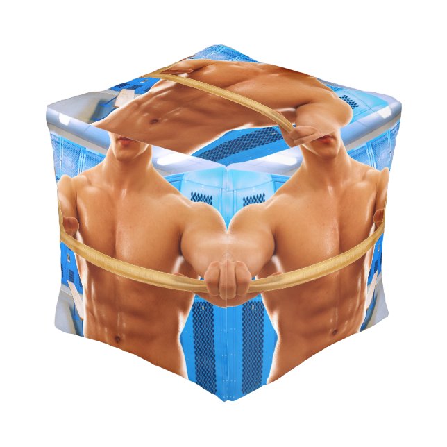SlipperyJoe muscular man abs locker room tiled flo Pouf (Angled Front)