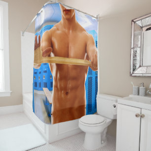 SlipperyJoe muscular man abs locker room tiled flo Shower Curtain