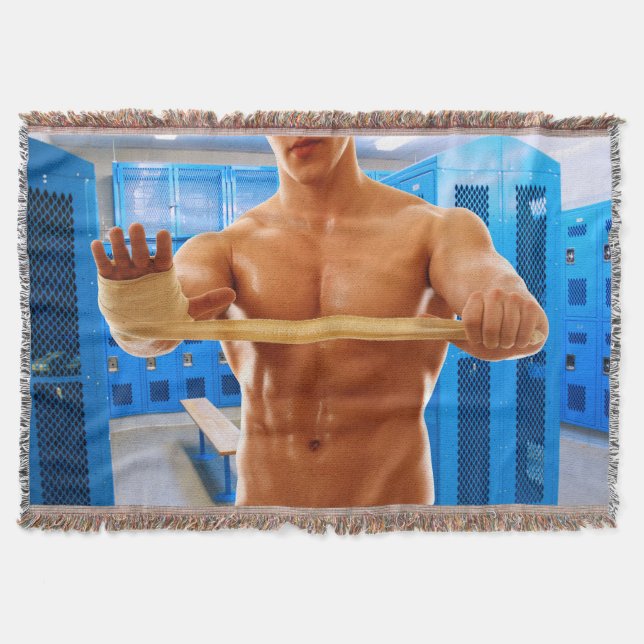 SlipperyJoe muscular man abs locker room tiled flo Throw Blanket (Front)