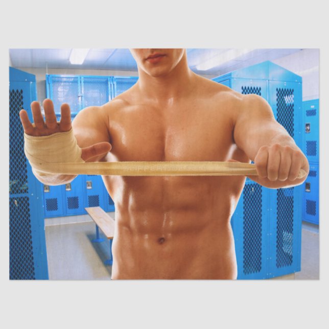 SlipperyJoe muscular man abs locker room tiled flo Tissue Paper (Front)