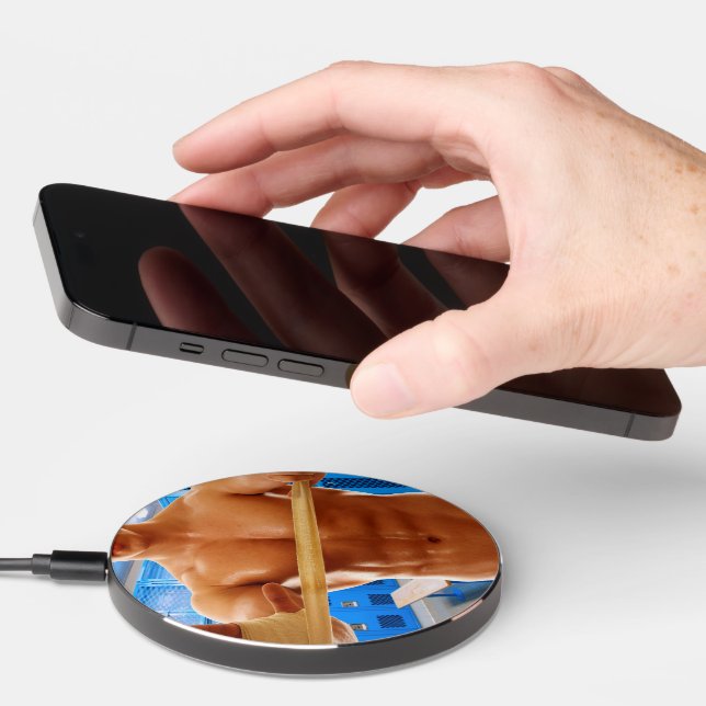 SlipperyJoe muscular man abs locker room tiled flo Wireless Charger (Hand)