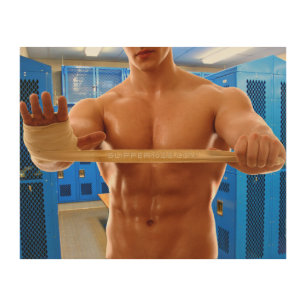 SlipperyJoe muscular man abs locker room tiled flo Wood Wall Art