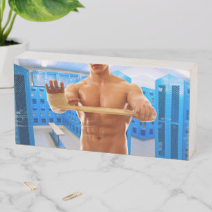 SlipperyJoe muscular man abs locker room tiled flo Wooden Box Sign