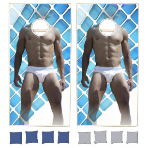 SlipperyJoe muscular man six-pack abs male white u Cornhole Set