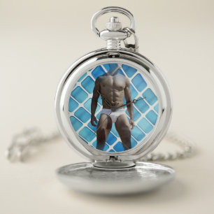 SlipperyJoe muscular man six-pack abs male white u Pocket Watch