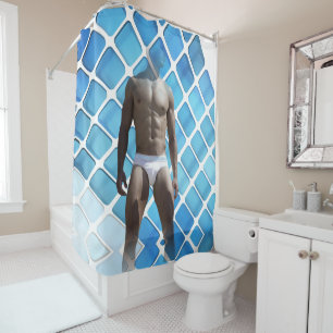SlipperyJoe muscular man six-pack abs male white u Shower Curtain