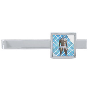 SlipperyJoe muscular man six-pack abs male white u Silver Finish Tie Bar