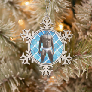SlipperyJoe muscular man six-pack abs male white u Snowflake Pewter Christmas Ornament