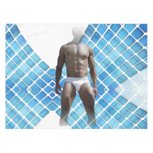 SlipperyJoe muscular man six-pack abs male white u Tablecloth
