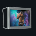 SlipperyJoe muscular man underwear bulge vibrant h Belt Buckle<br><div class="desc">SlipperyJoe muscular man underwear bulge vibrant hues blue teal purple cloud-like abstraction gay pride gifts LGBTQIA artistic dreamlike abstract energy psychedelic surrealism cosmic effect surreal and imaginative background hand rests over chest</div>