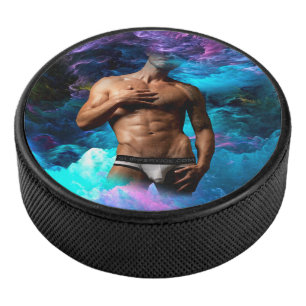 SlipperyJoe muscular man underwear bulge vibrant h Hockey Puck