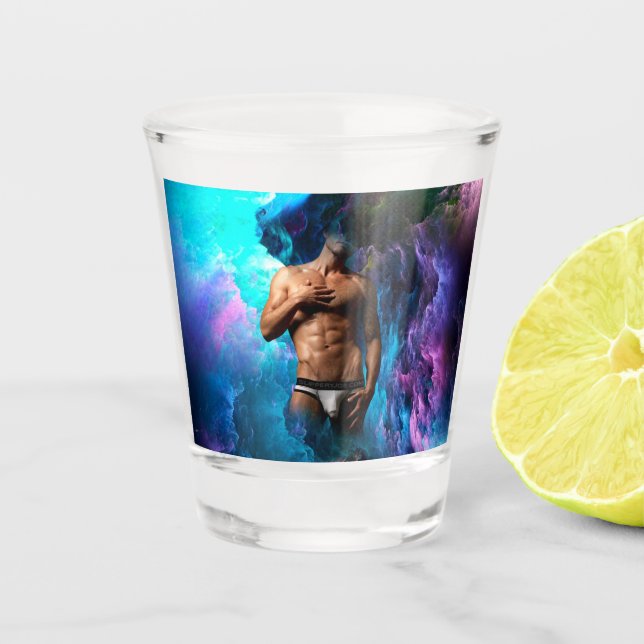 SlipperyJoe muscular man underwear bulge vibrant h Shot Glass (Front)