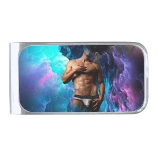SlipperyJoe muscular man underwear bulge vibrant h Silver Finish Money Clip