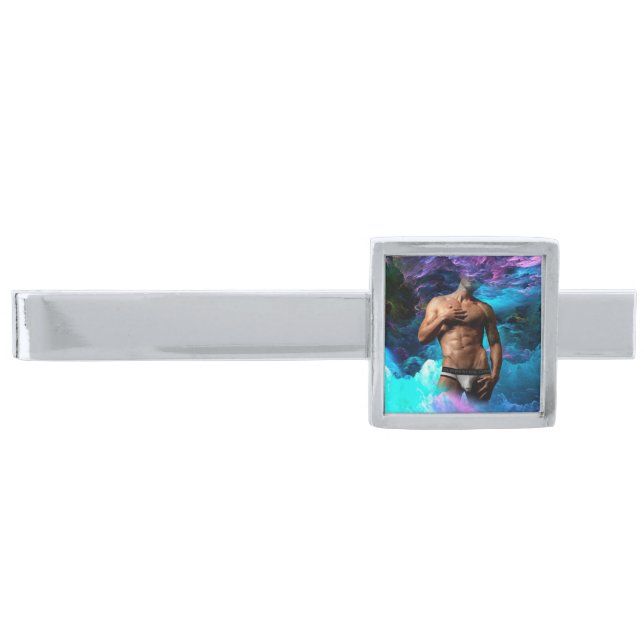 SlipperyJoe muscular man underwear bulge vibrant h Silver Finish Tie Bar (Front)