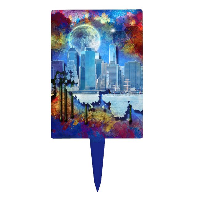 SlipperyJoe NYC graffiti moon surrounded swirling  Cake Topper (Front)