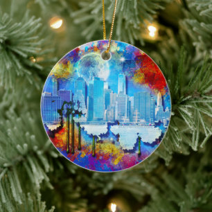 SlipperyJoe NYC graffiti moon surrounded swirling Ceramic Ornament