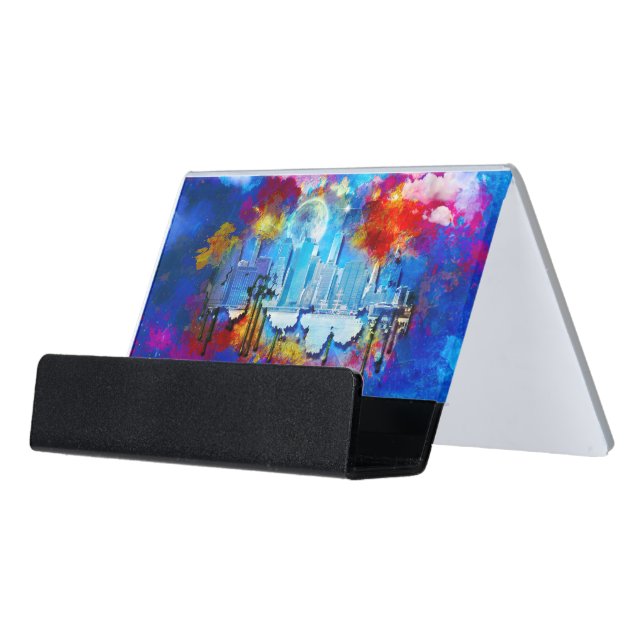 SlipperyJoe NYC graffiti moon surrounded swirling  Desk Business Card Holder (Angled Front)