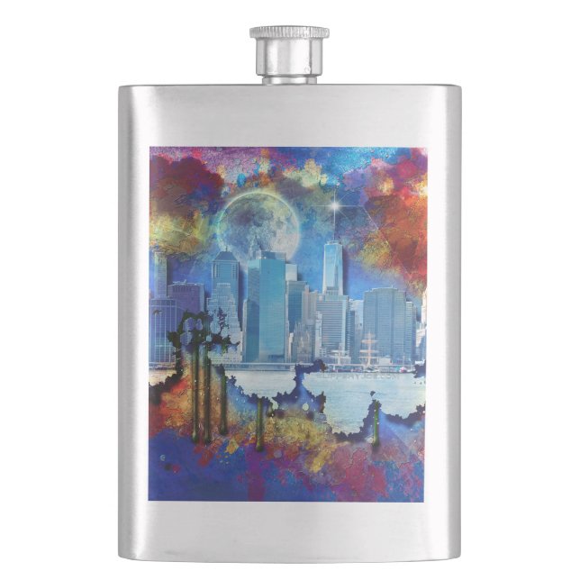 SlipperyJoe NYC graffiti moon surrounded swirling  Flask (Front)