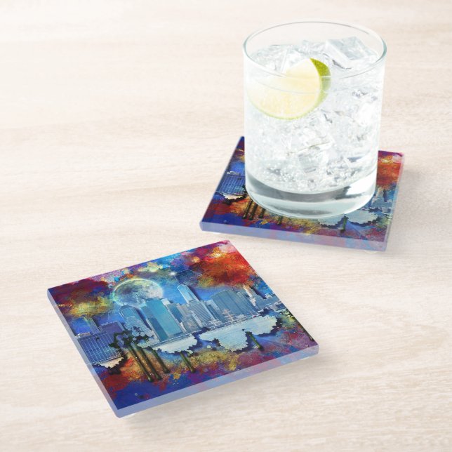 SlipperyJoe NYC graffiti moon surrounded swirling  Glass Coaster (Angled)